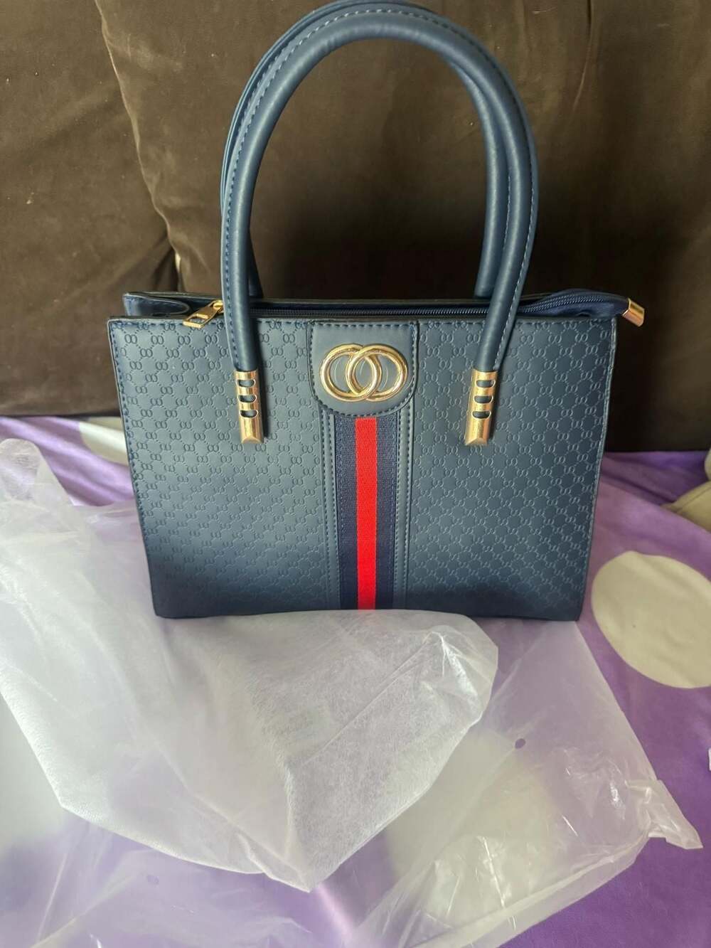 Blue Faux Leather Monogram Tote Top Handle Handbag with Red Striping